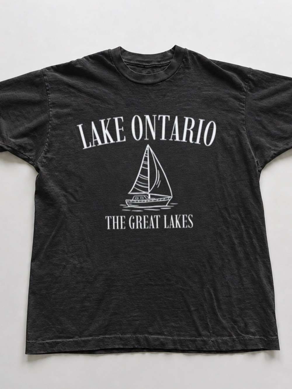 Black "Lake Ontario" Graphic Tee with White Sailboat Print